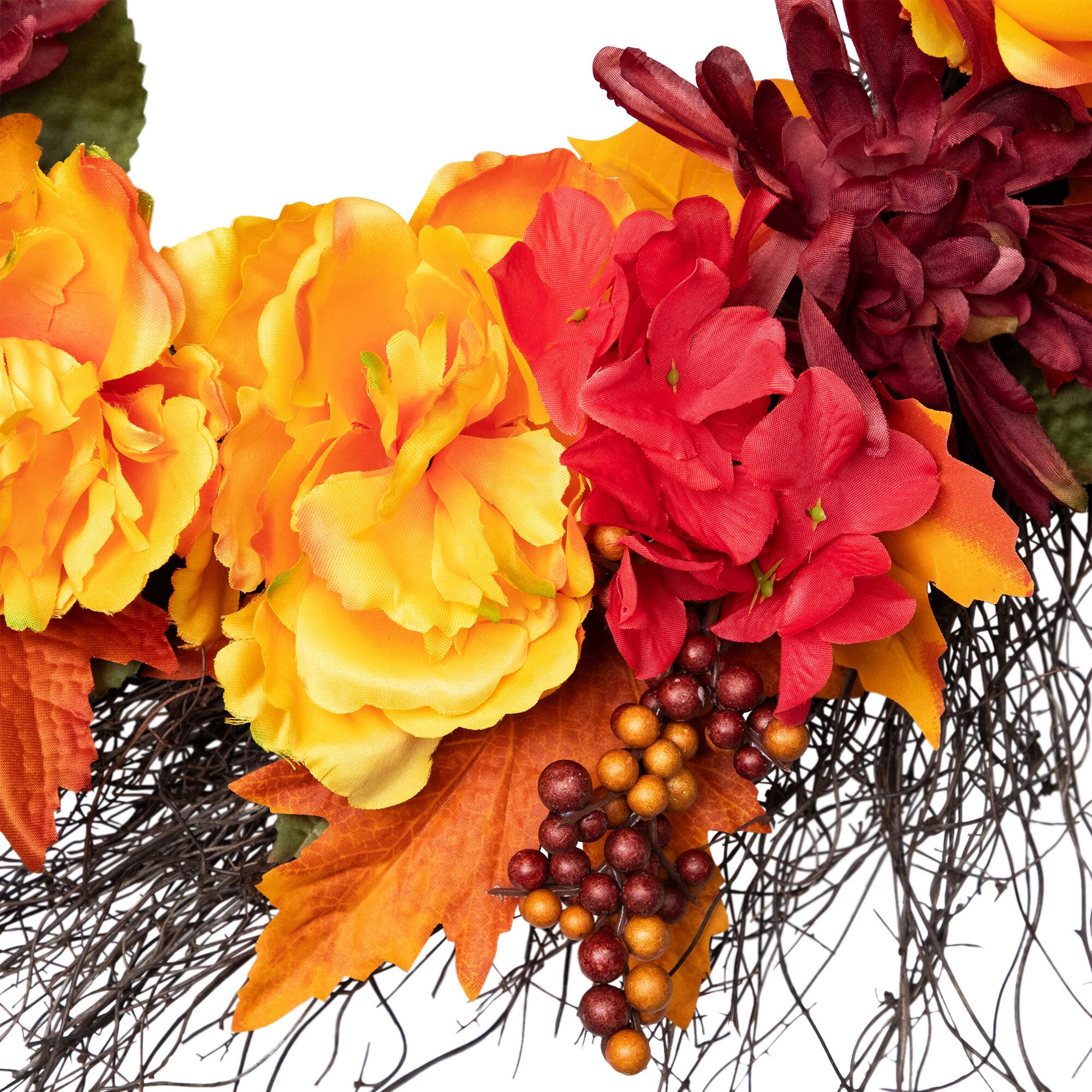 24" Autumn Harvest Peony, Mum & Feather Thanksgiving Wreath, Unlit